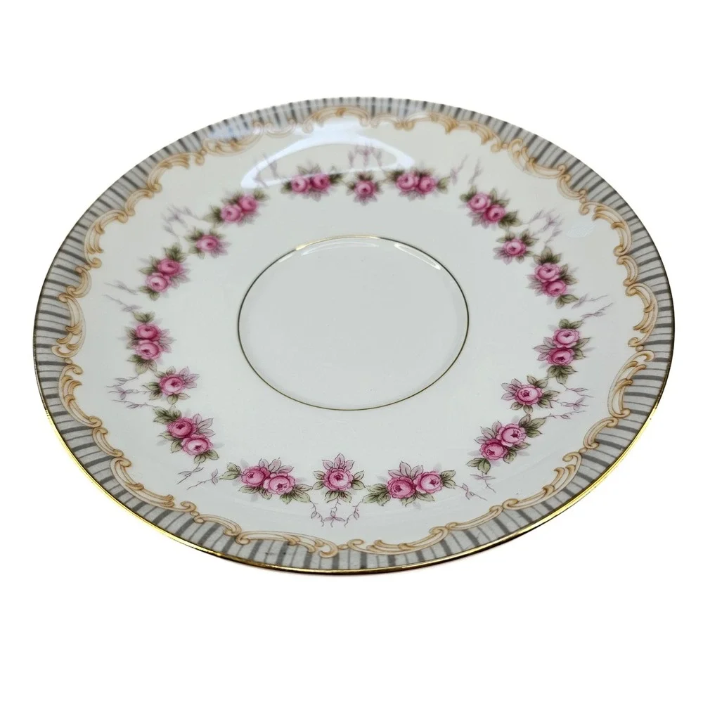 Vintage‎ Noritake China Ridgewood Saucer, Pink Rose Garland, Gold Accent
